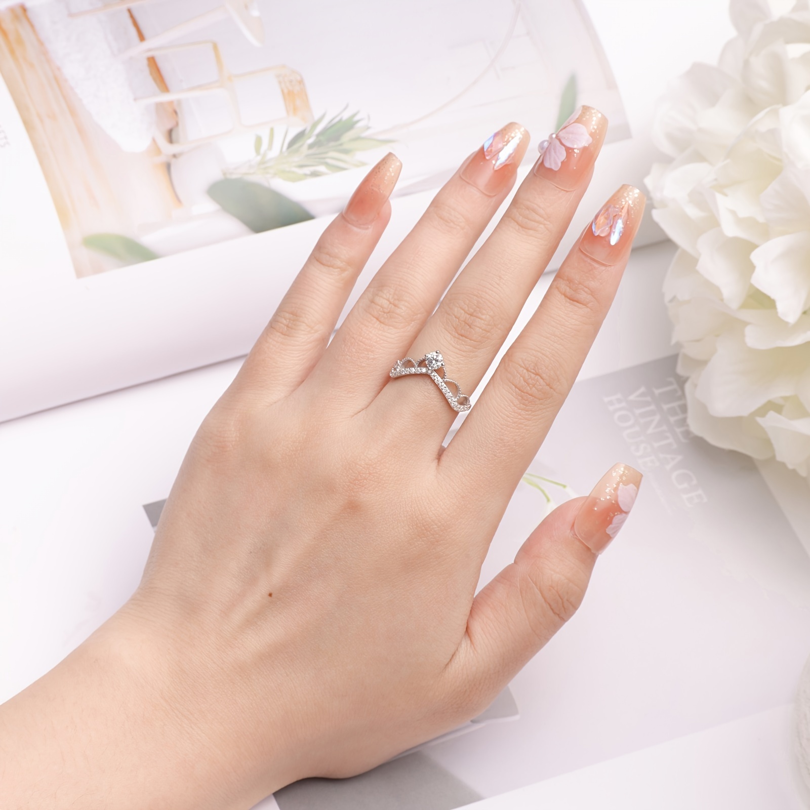 S925 Silver Ring Moissanite Stone Crown Tiara Wedding Band Mother's Ring